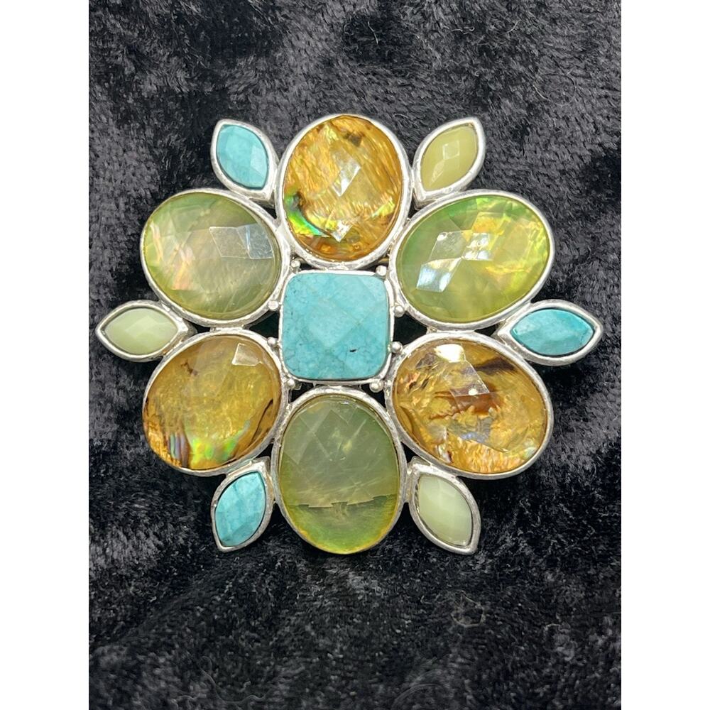 Lauren Conrad LC Brooch Gold tone Acrylic stones Teal Green Amber 2”